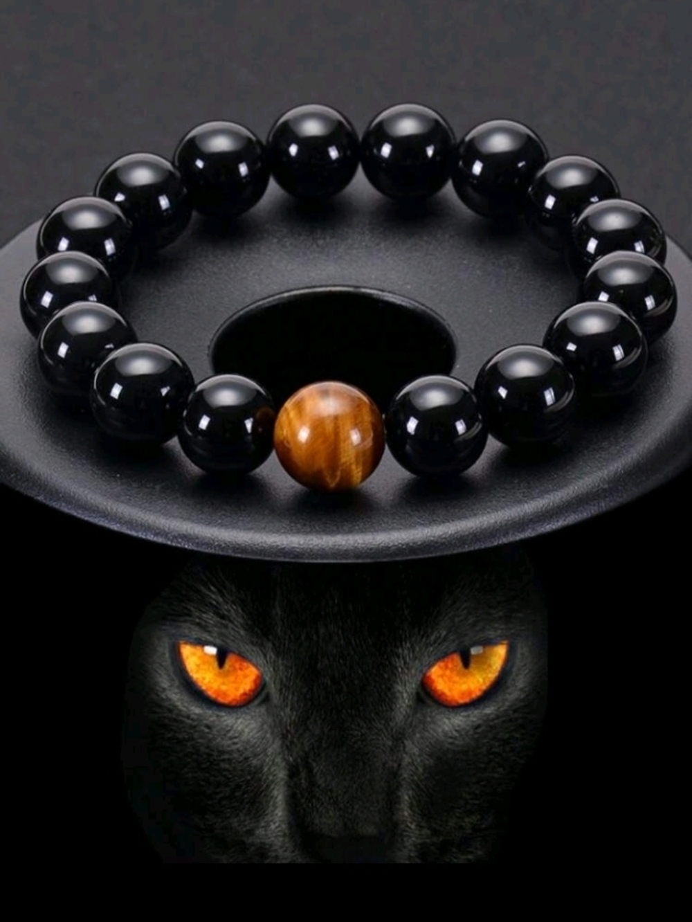 Black Beaded Bracelet Tiger Eye Accent